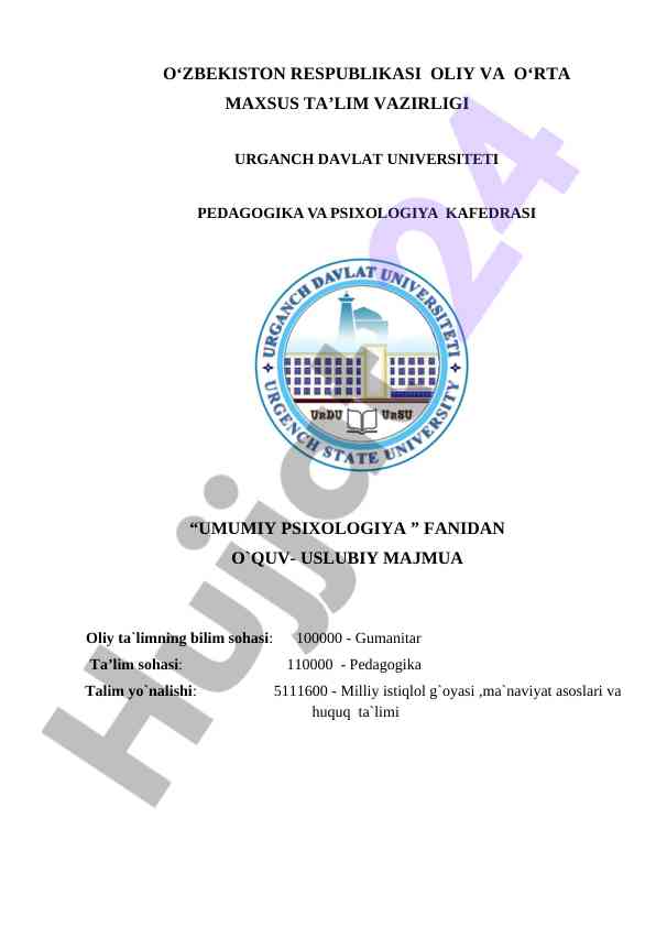 Umumiy psixologiya fanidan o‘quv-uslubiy majmua