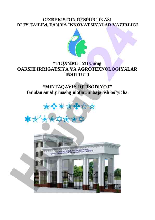 Mintaqaviy iqtisodiyot fani bo‘yicha amaliy mashg‘ulotlar