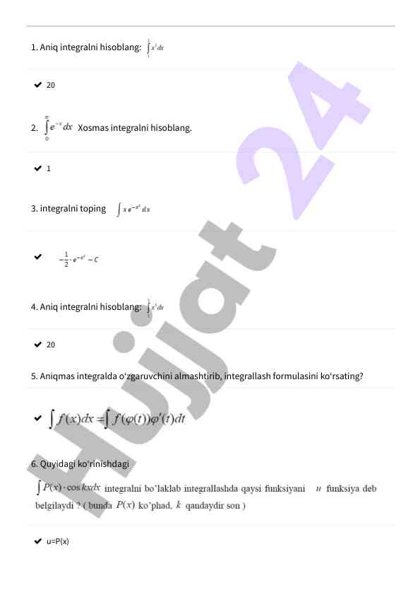 Matematik integrallarni hisoblash bo‘yicha test