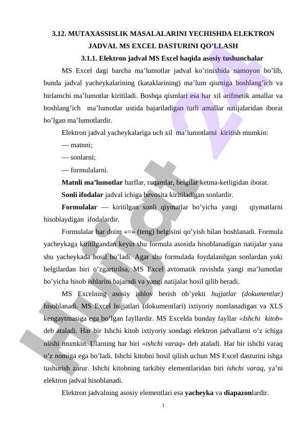 Ms excel dasturi bilan elektron jadval masalalari