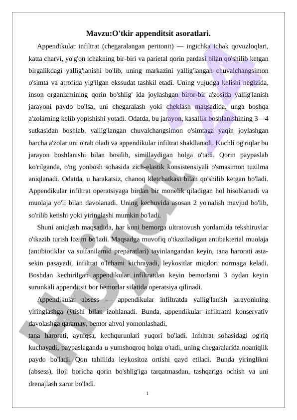 O'tkir Appenditsit Asoratlari Va Ularning Ta'siri