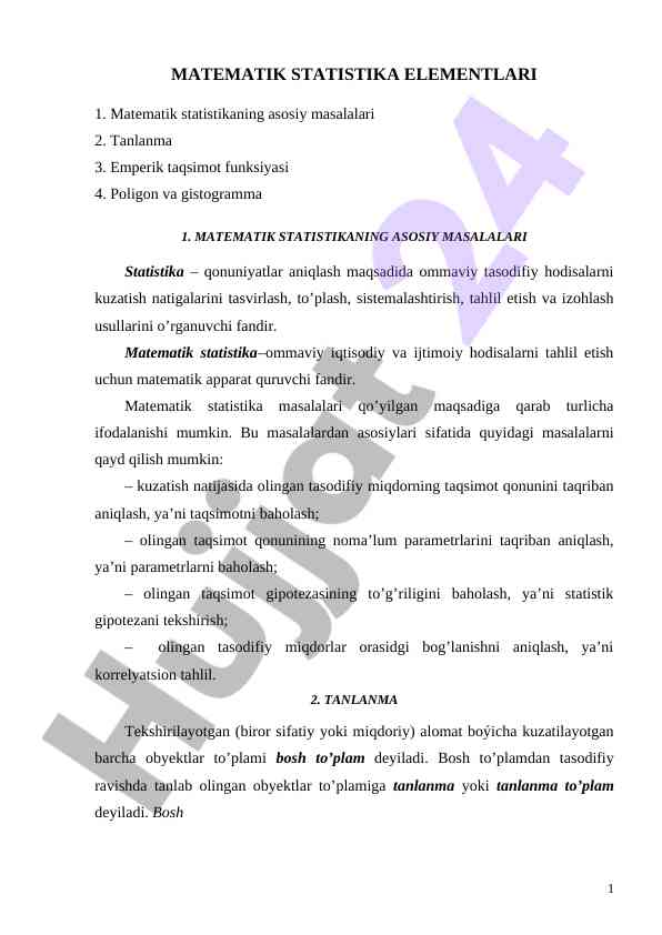 Matematik statistika elementlari va masalalari