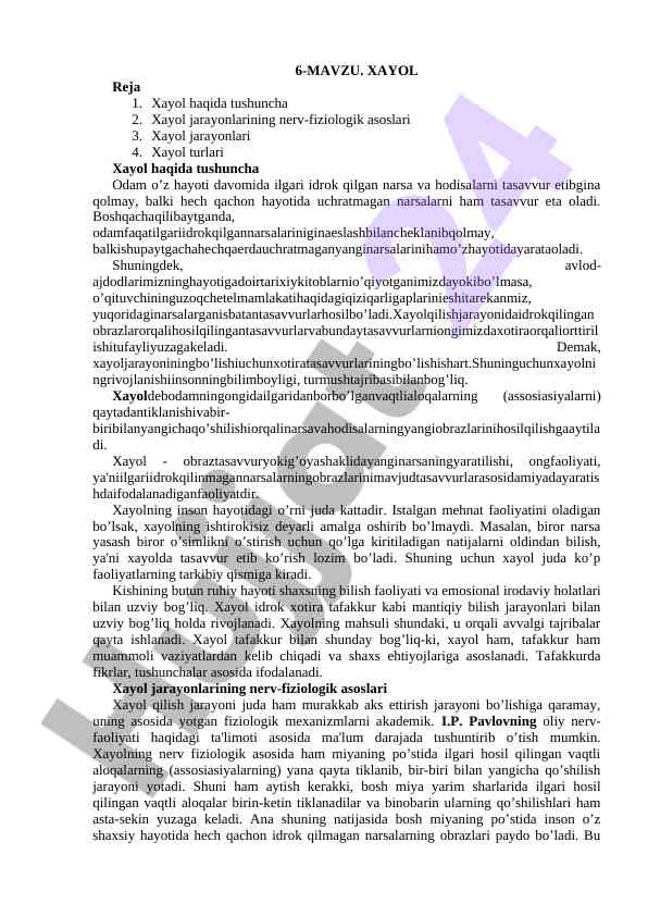 Xayol jarayonlari va ularning nerv-fiziologik asoslari