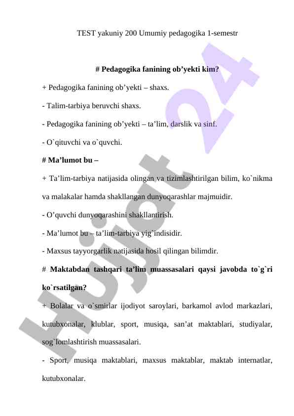 Umumiy Pedagogika 1-Semestr Testlari