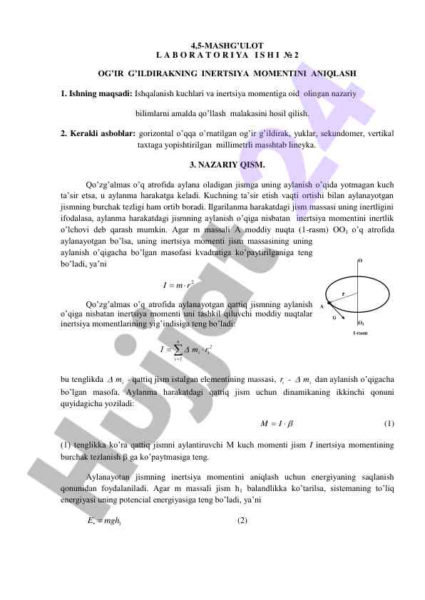 Og’ir g’ildirakning inertsiya momentini aniqlash