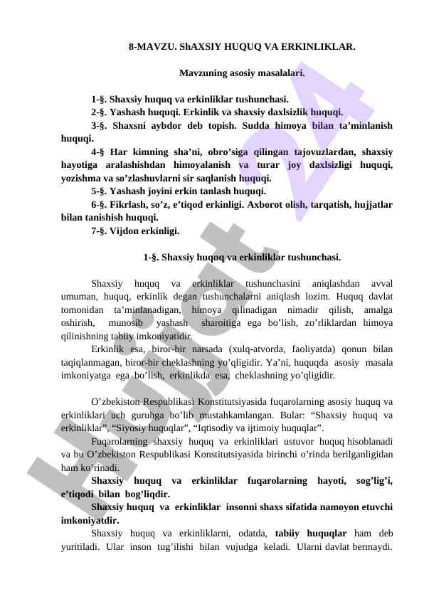 Shaxsiy huquq va erkinliklar tushunchasi