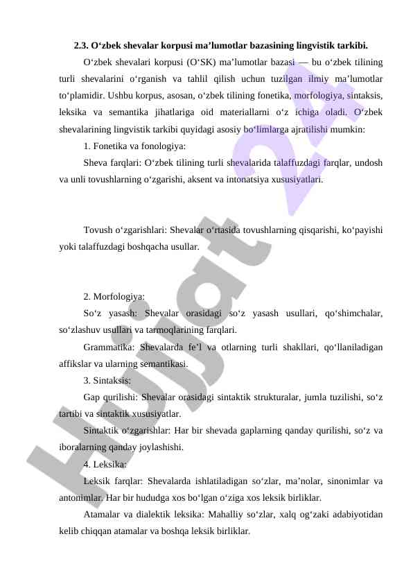 O‘zbek shevalar korpusi ma’lumotlar bazasining tarkibi