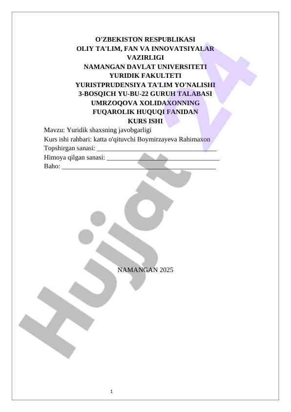 Yuridik shaxsning javobgarligi kurs ishiga oid tadqiqot