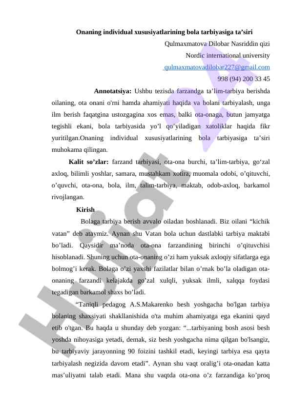 Onaning individual xususiyatlarining bola tarbiyasiga ta’siri
