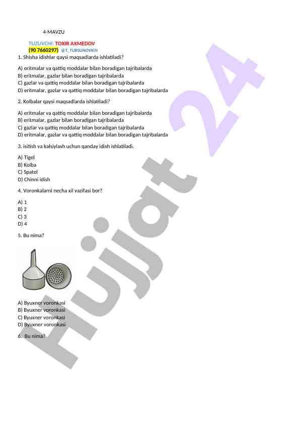 Kimyo tekshirish savollari va javoblar