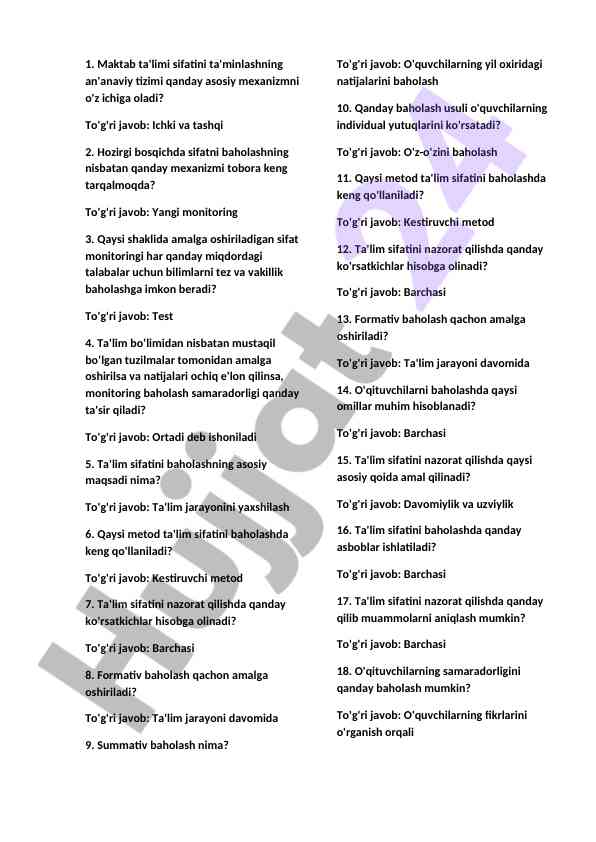 Ta'lim sifatini baholash mexanizmlari haqida test