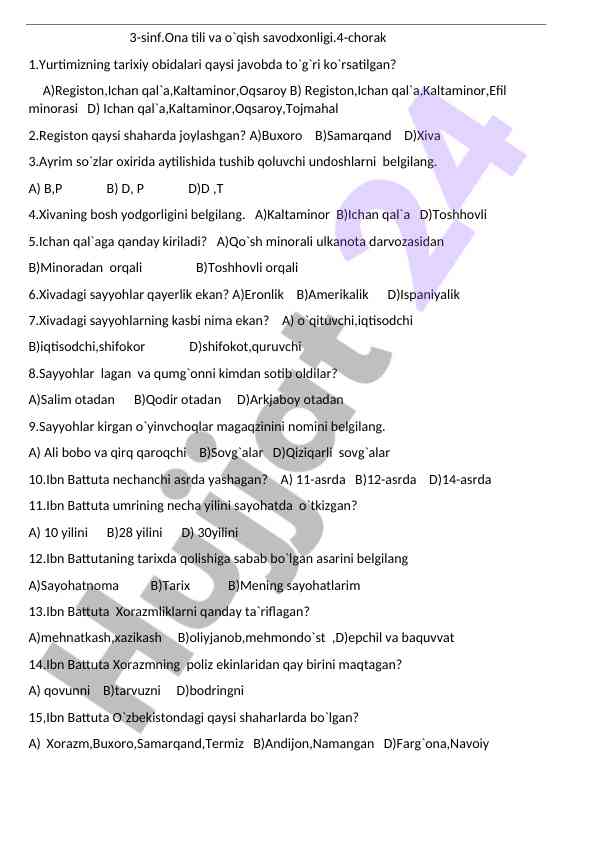 3-sinf ona tili va oqish savodxonligi test