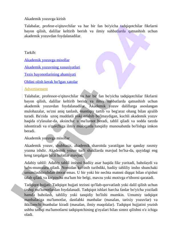 Akademik yozuvga kirish va xususiyatlari