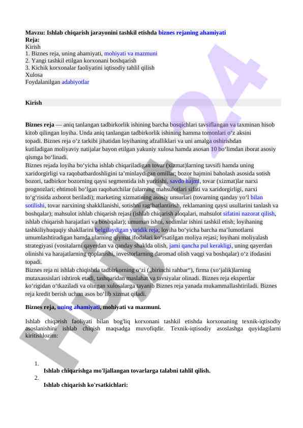 Biznes rejaning tashkil etishda ahamiyati