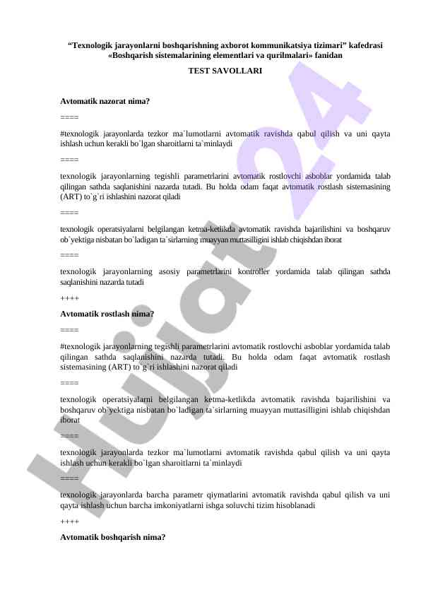 Texnologik jarayonlarni boshqarish bo'yicha test savollari