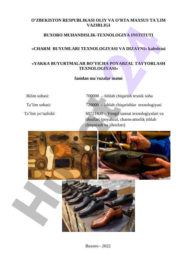 Poyabzal tayyorlash texnologiyasi ma’ruzalar matni