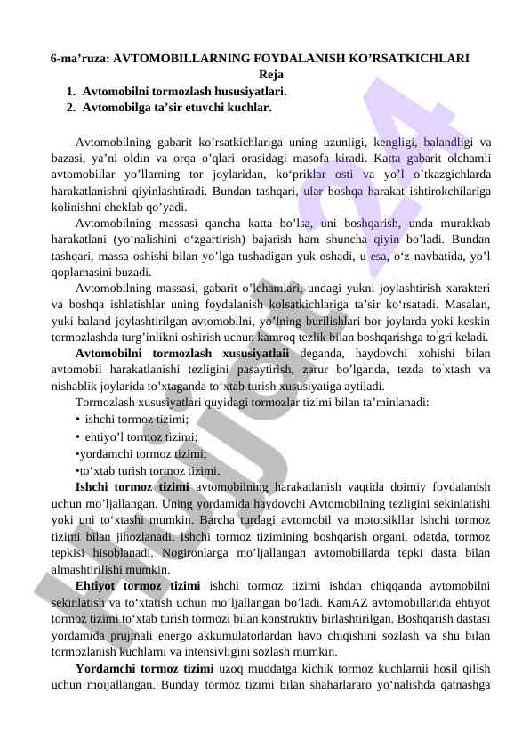 Avtomobillarning foydalanish ko’rsatkichlari