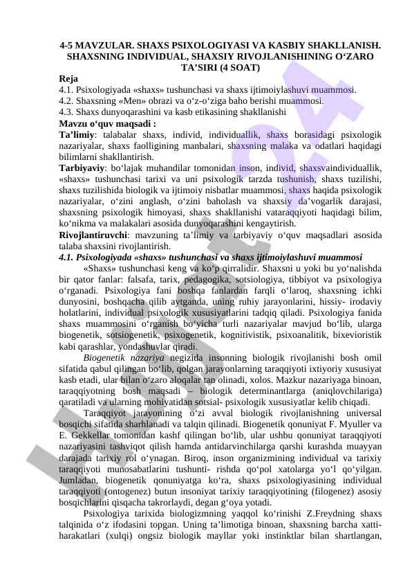 Shaxs psixologiyasi va kasbiy shakllanish mavzusi