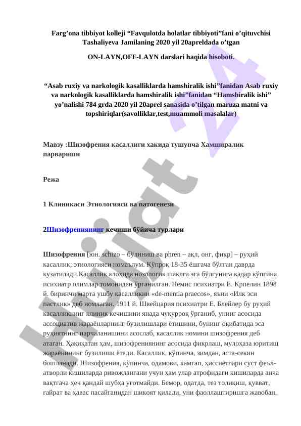 Asab ruxiy va narkologik kasalliklar bo'yicha hamshiralik