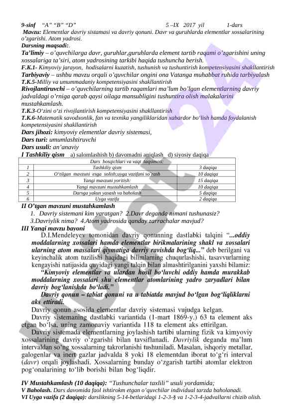 Elementlar davriy sistamasi va davriy qonuni