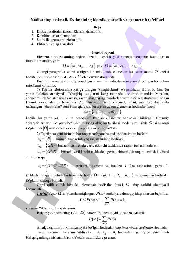 Diskret hodisalar va ehtimollikning ta'riflari