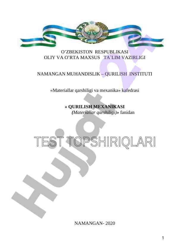 Qurilish mexanikasi test topshiriqlari