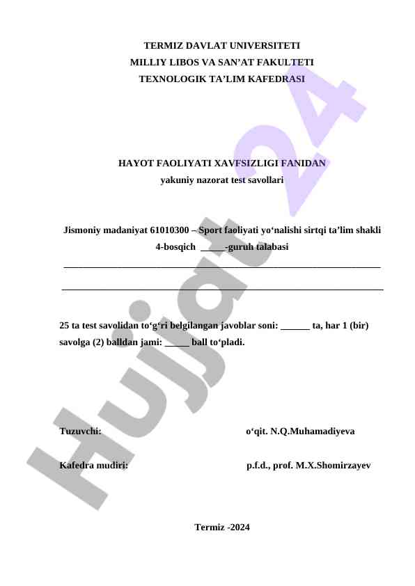 Hayot faoliyati xavfsizligi fanidan test savollari