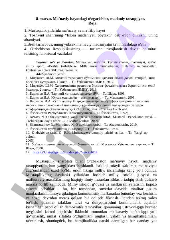 Maʼnaviy hayotdagi oʻzgarishlar va madaniy taraqqiyot