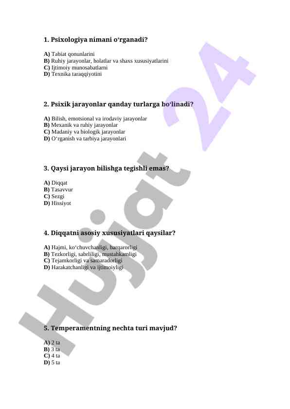 Psixologik jarayonlar bo‘yicha test savollari