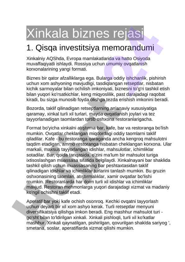 Xinkala biznes rejasi va investitsiya memorandumi