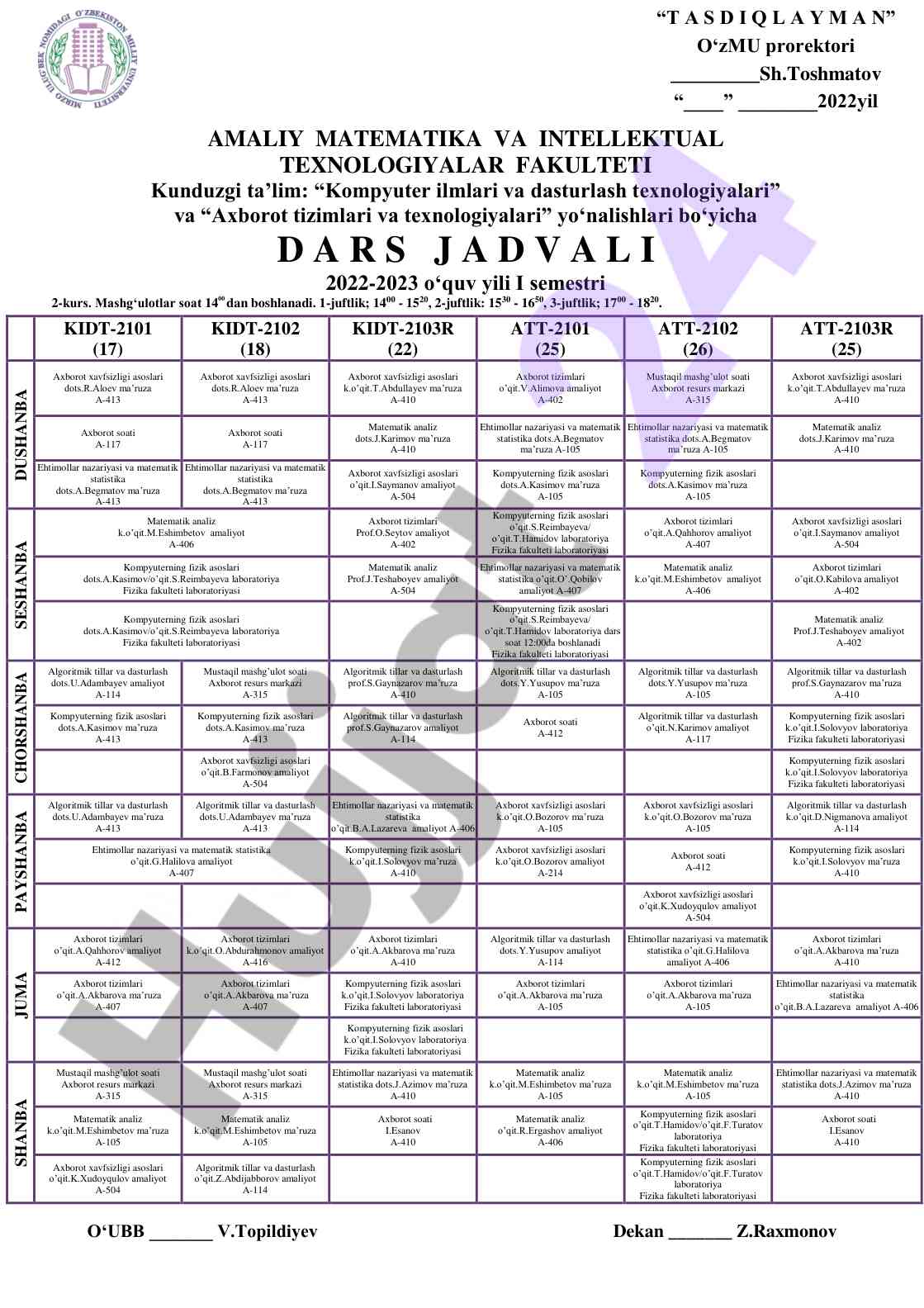 Dars jadvali 2022-2023 o‘quv yili i semestr