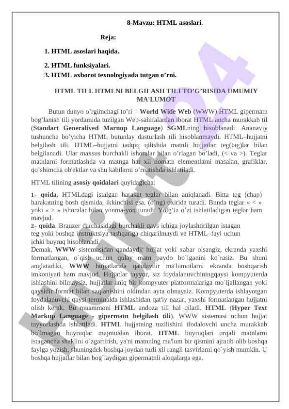 Html asoslari va funksiyalari haqida ma'lumotlar