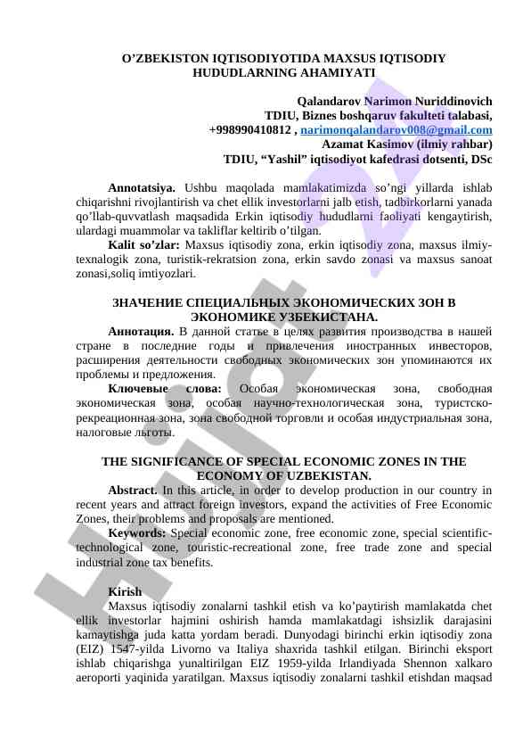 Maxsus iqtisodiy hududlarning ahamiyati