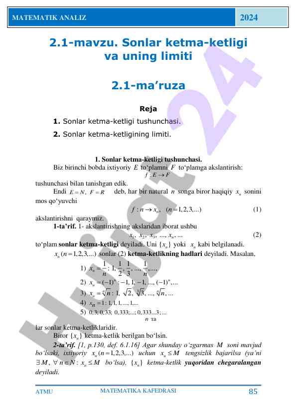 Sonlar ketma-ketligi va uning limiti darsi