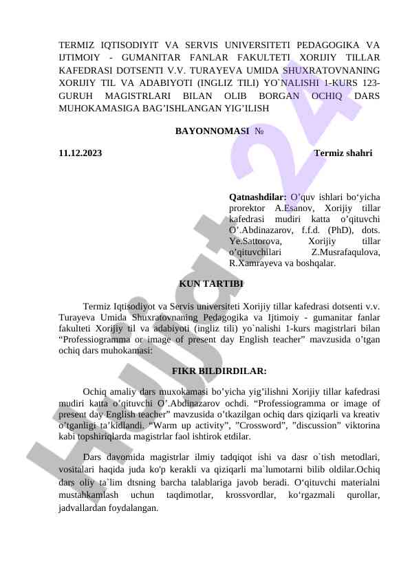 Ochiq dars muhokamasi bayonnomasi