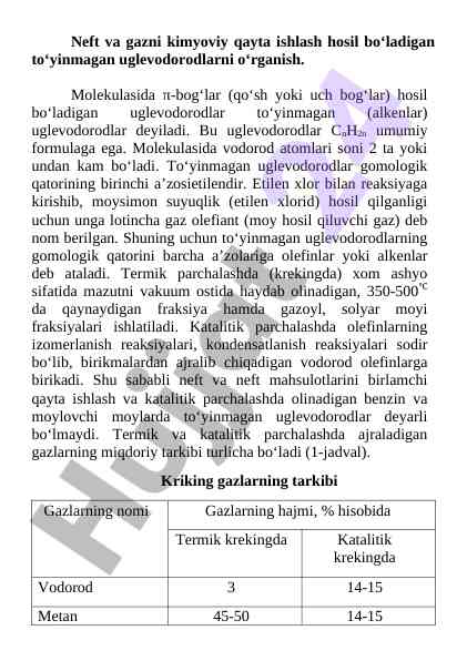 Neft va gazni kimyoviy qayta ishlash o‘rganish