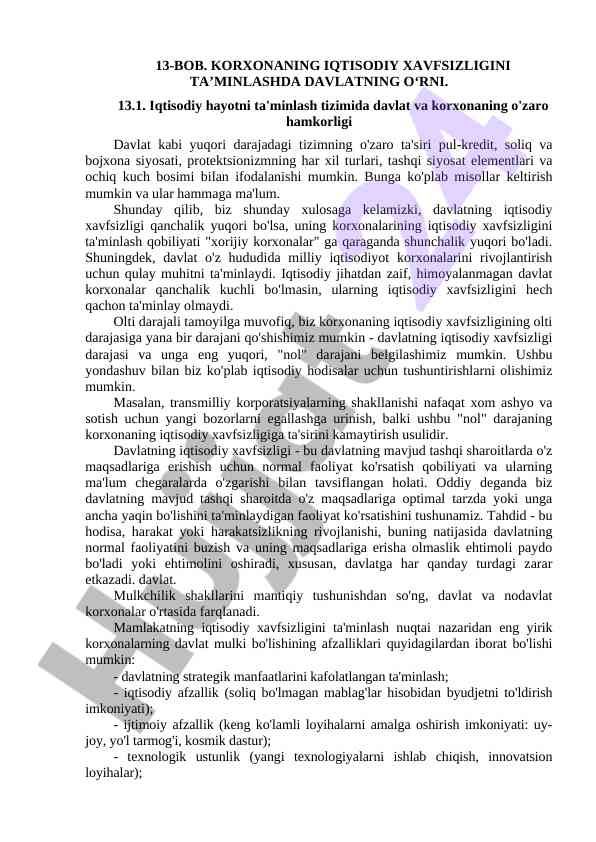 Davlat va korxona iqtisodiy xavfsizligi o‘rni
