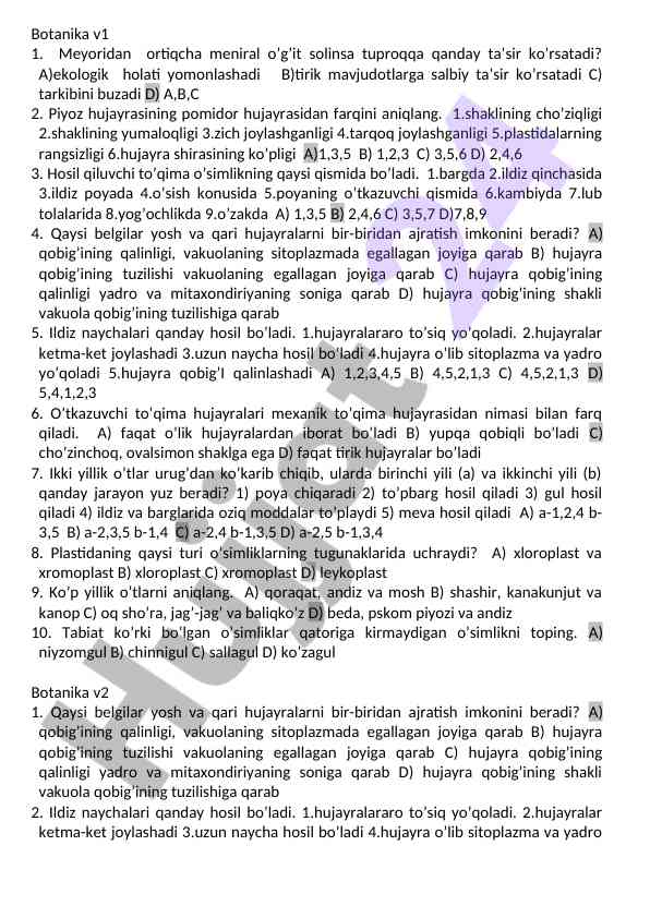 Botanika testi: o'simlik hujayralari savollari