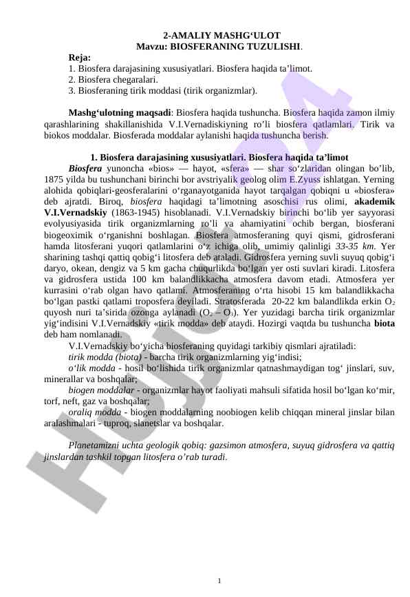 Biosferaning tuzilishi va xususiyatlari