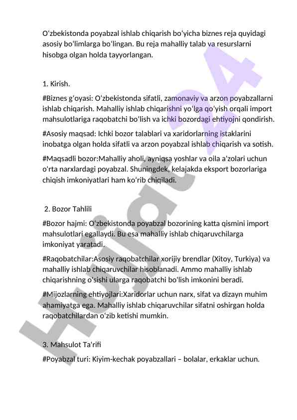 O‘zbekistonda poyabzal ishlab chiqarish biznes reja