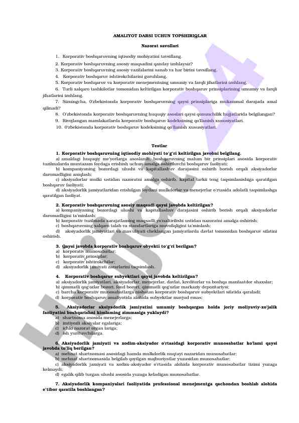 Korporativ boshqaruv haqida amaliyot savollari