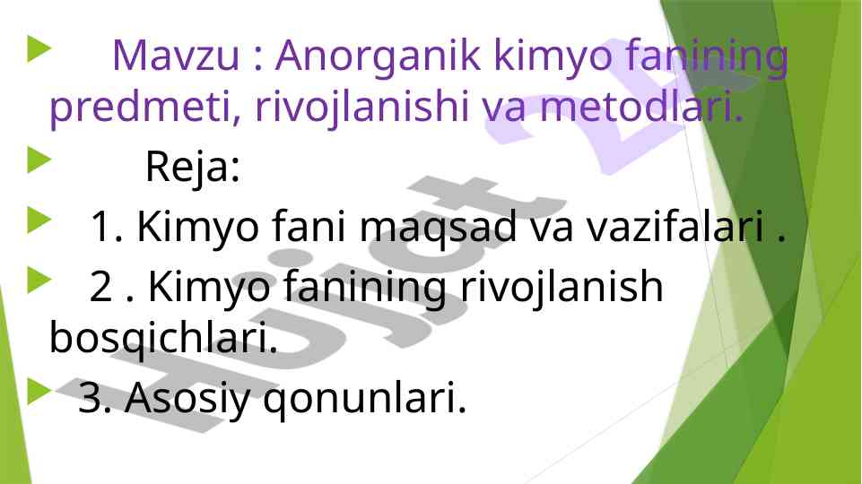 Anorganik Kimyo Fanining Rivojlanishi Va Metodlari