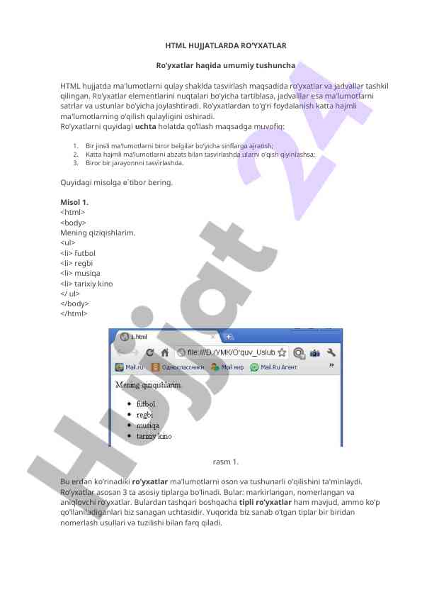 Html hujjatlarda ro'yxatlar tushunchasi