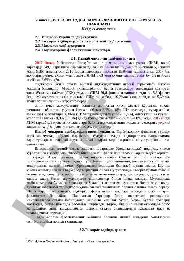 Biznes va tadbirkorlik faoliyatining turlari va shakllari