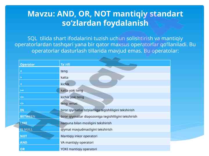 Sql operatorlari va mantiqiy ifodalar