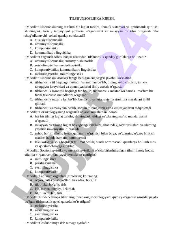 Tilshunoslik asoslari bo'yicha test savollari
