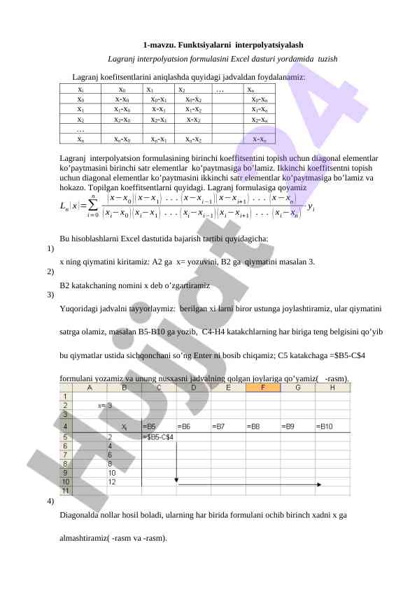 Excel dasturida lagranj interpolyatsion formulasi
