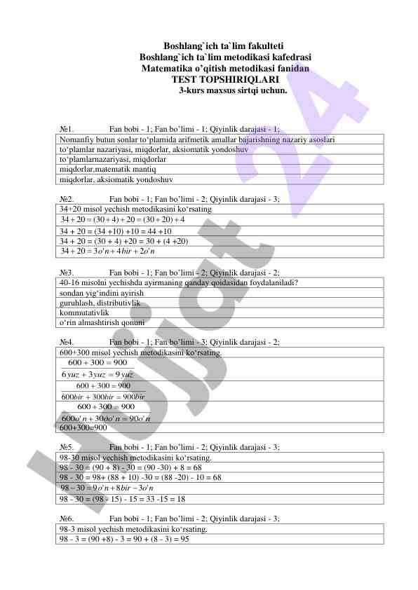 Matematika o'qitish metodikasi test topshiriqlari