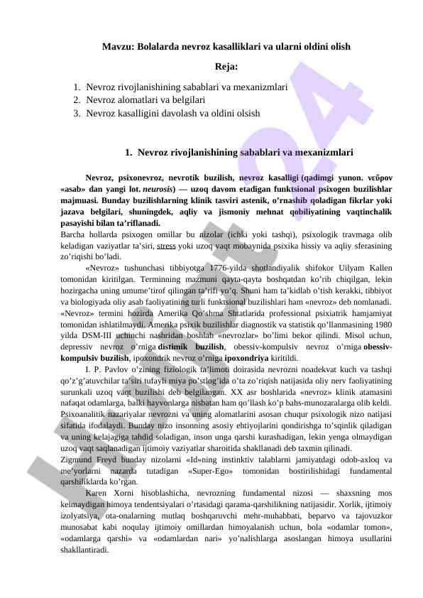 Bolalarda nevroz kasalliklari va oldini olish