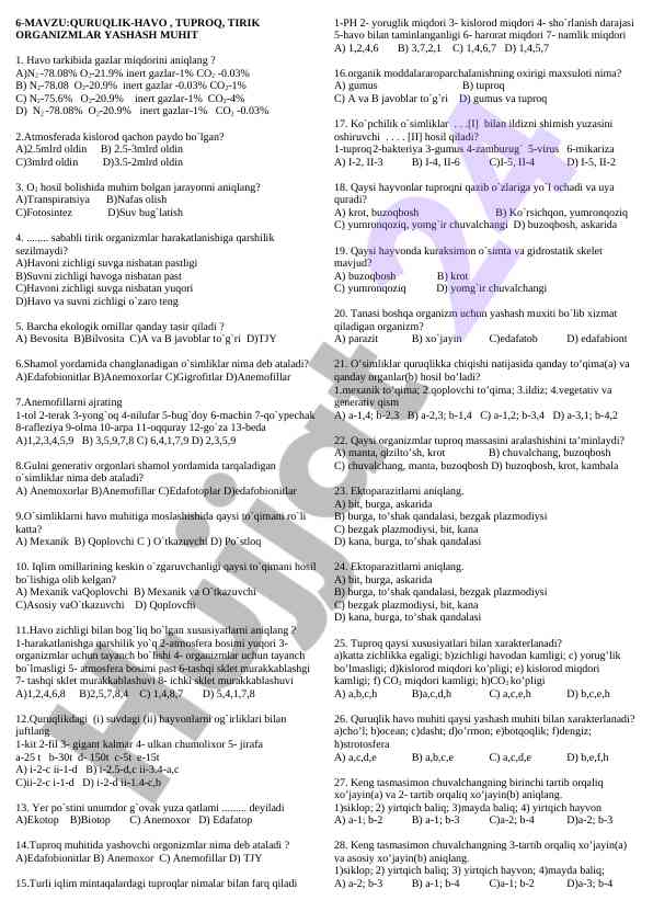 Quruqlik-havo, tuproq, tirik organizmalar mavzusi
